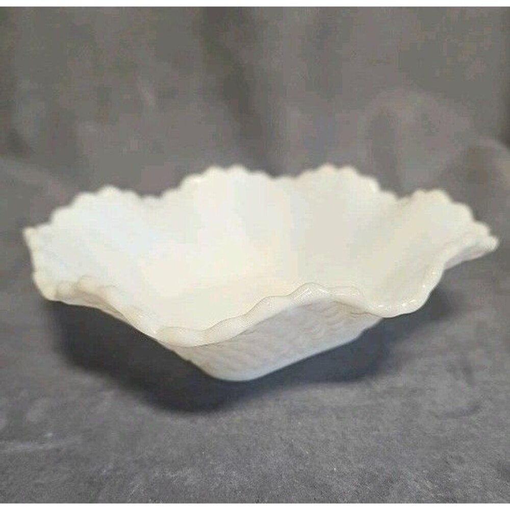 Vintage White Milk Glass Diamond Pattern Square Candy Dish with Ruffled Edges